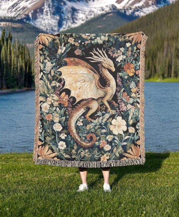 Golden Dragon Tapestry Blanket A Dark Floral Fantasy Woven Throw